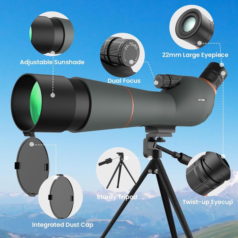 Three Triping Spotting Scope 25-75×85 - Dual Focusing Spotter Scope, with Tripod & Phone Adapter, Ideal for Bird Watching & Wildlife Observing - Image 5